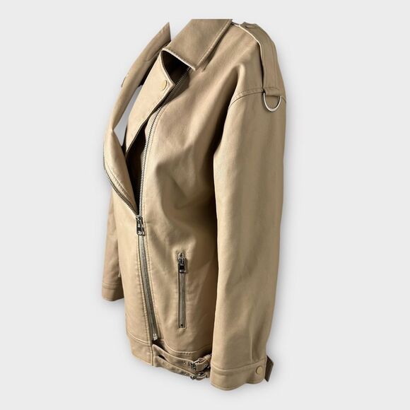 Missguided Moto Jacket Women’s XS Oversized Tan Faux Leather Biker Chic - Picture 10 of 11